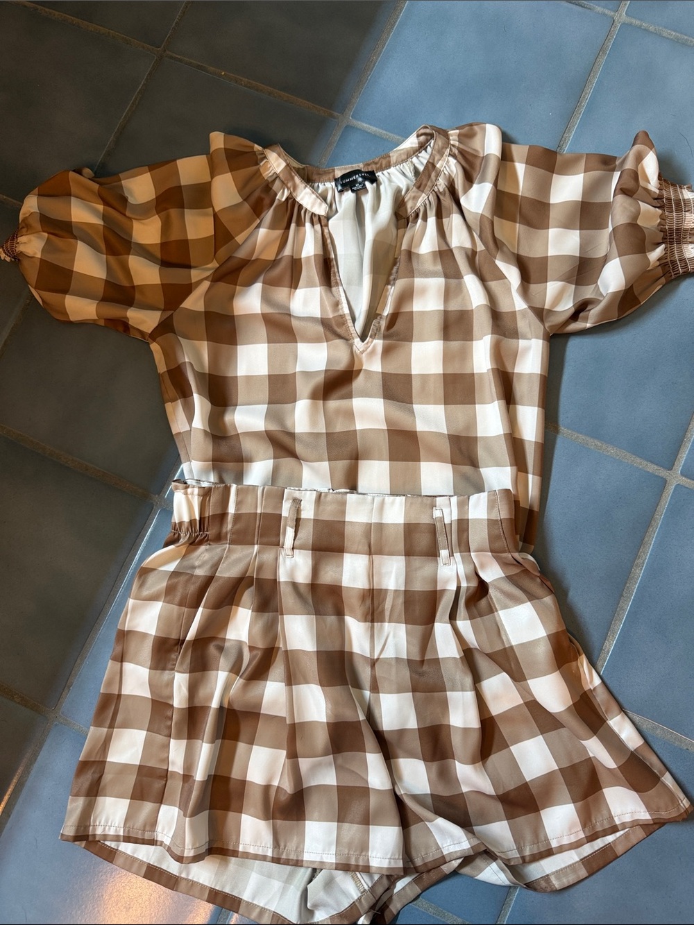 summersalt Beige and White Gingham Women’s Shorts Romper